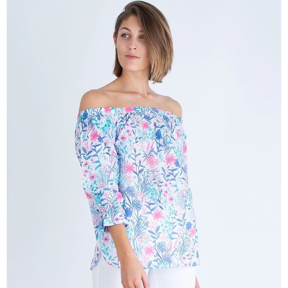 Hatley Floral Print Bardot Top Small Organic Cotton Off Shoulder Boho Blouse